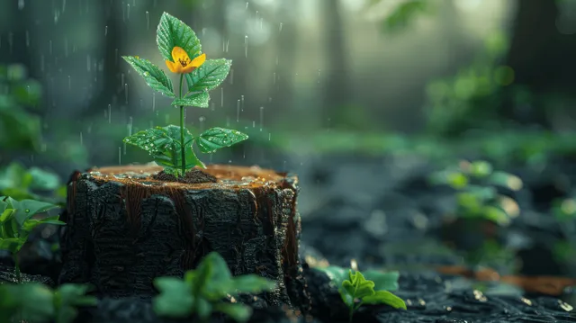 Green plant sprouting from an old tree stump in misty forest, rain droplets visible