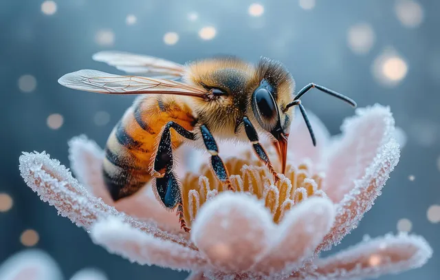 A honeybee feeds on nectar from frosted flower petals with softly glowing bokeh lights behind it.