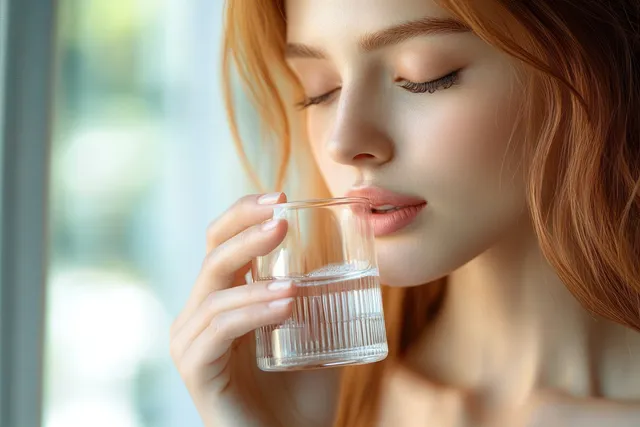 Young woman taking a supplement pill with water at home in soft morning light