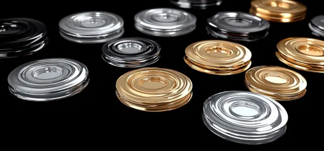 Gold and silver metallic lids scattered on black with glossy reflections and depth