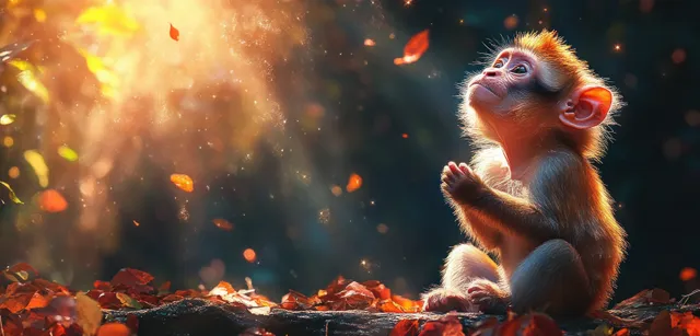 Uakari monkey watercolor style, sitting on ground amid warm firework sparks