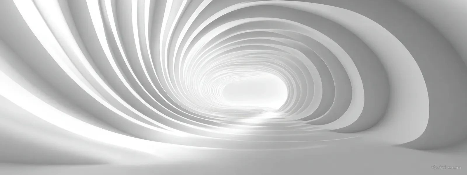 Spiraling white lines curve into a tunnel-shaped abstract corridor under soft gray ambient light.