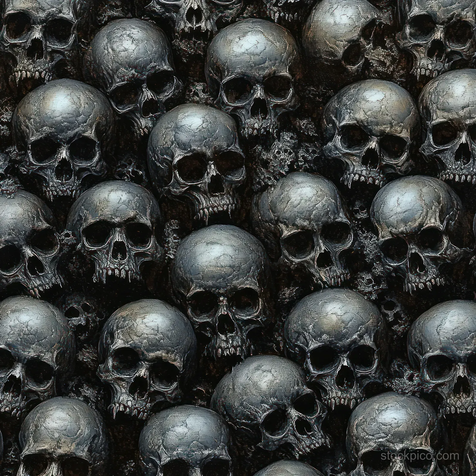Close-up of tightly packed gothic skulls with dark grunge texture and moody shadows filling the entire background.