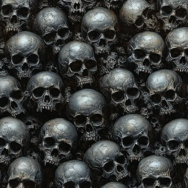 Close-up of tightly packed gothic skulls with dark grunge texture and moody shadows filling the entire background.