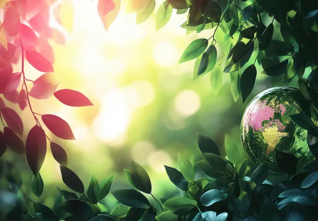 Glass globe rests on moss in a sunlit forest, reflecting Earth within leaves