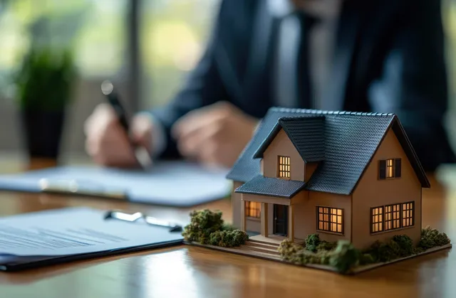 Miniature house model with lit windows on a desk while a business person signs documents in the blurred background.