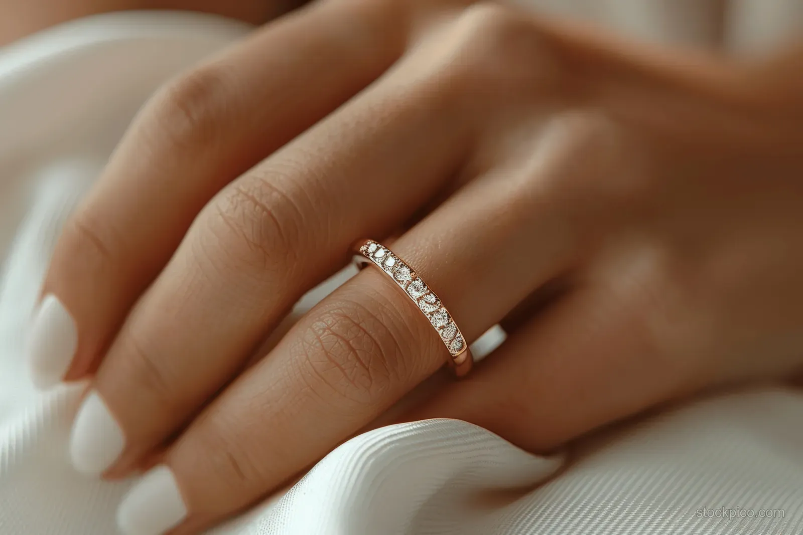 Female hand with white manicure holding and placing a diamond ring on a white fabric background.