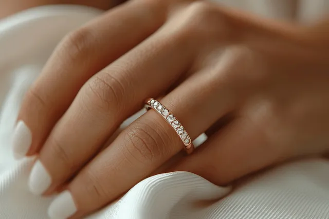 Female hand with white manicure holding and placing a diamond ring on a white fabric background.