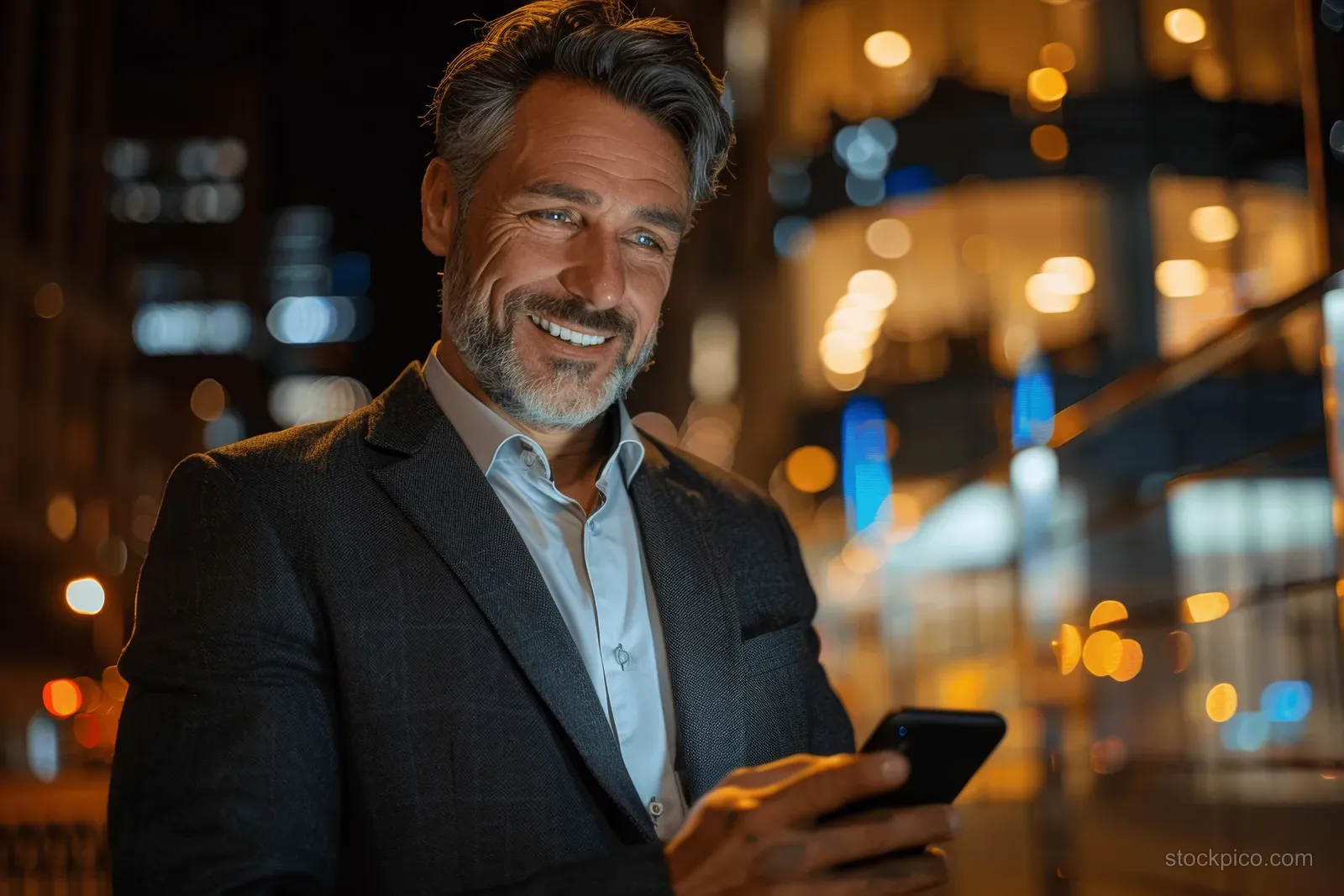A suited businessman holds a smartphone at night outdoors, lit by illuminated office towers behind him.