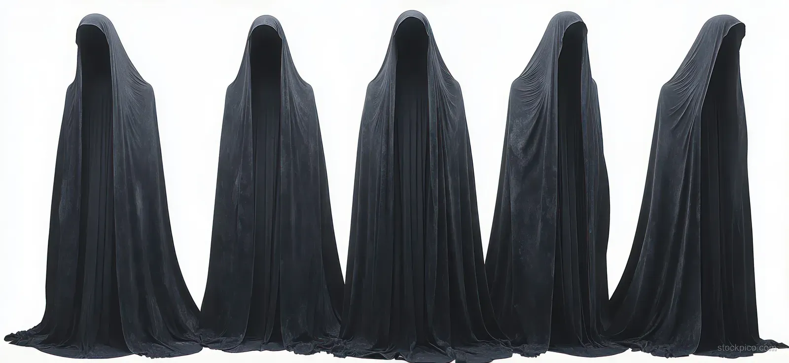 Six tall hooded silhouettes in flowing black fabric stand in a row against a white background.
