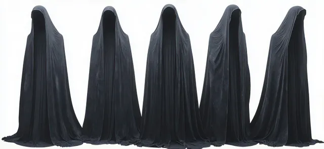 Six tall hooded silhouettes in flowing black fabric stand in a row against a white background.