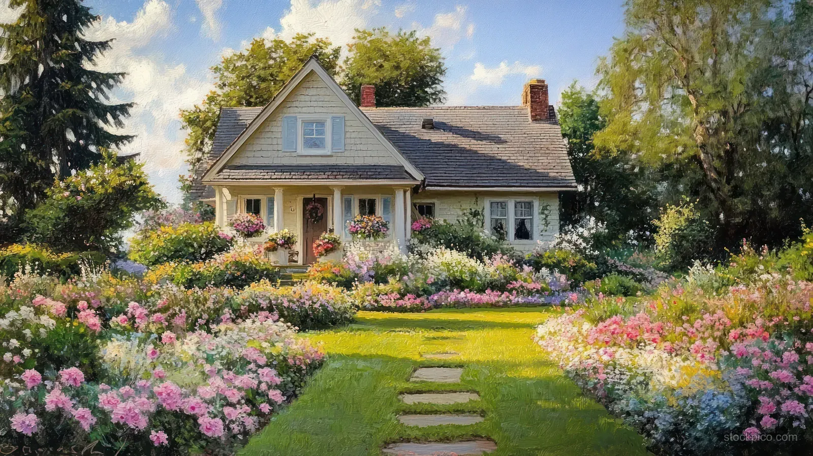 A charming cottage with a front porch and blooming flower garden along a stone walkway in morning sunlight.