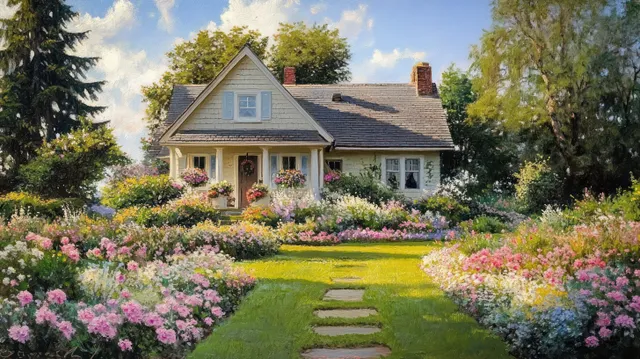 A charming cottage with a front porch and blooming flower garden along a stone walkway in morning sunlight.