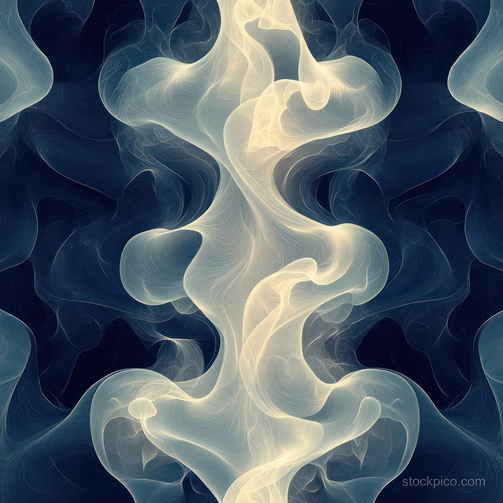 Creamy white ink swirls create a seamless abstract pattern over a deep navy background.