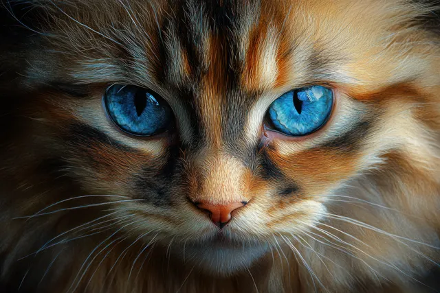 Close-up portrait of a fluffy blue-eyed cat with soft natural window light