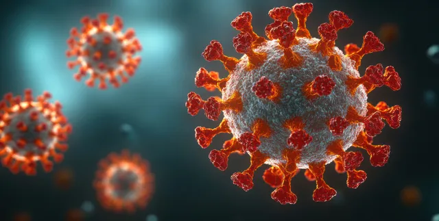 Red spike-like coronavirus particles float in a dark bluish background with blurred surrounding cells.