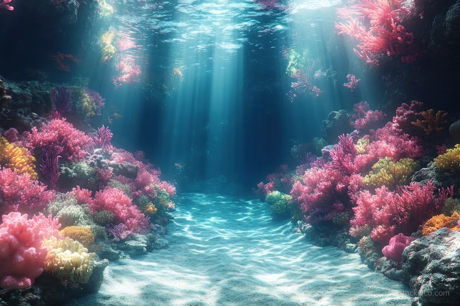 Sunlit underwater coral reef with pink gorgonian sea fans and tropical fish in clear blue water.