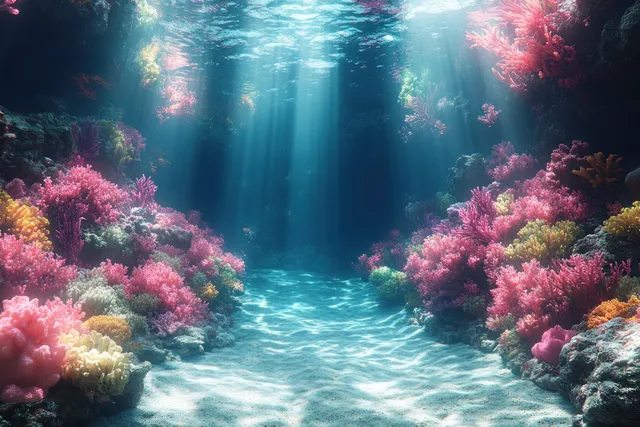 Sunlit underwater coral reef with pink gorgonian sea fans and tropical fish in clear blue water.