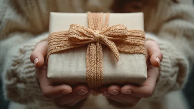 Hands holding a ribbon-wrapped gift box in top view on soft fabric