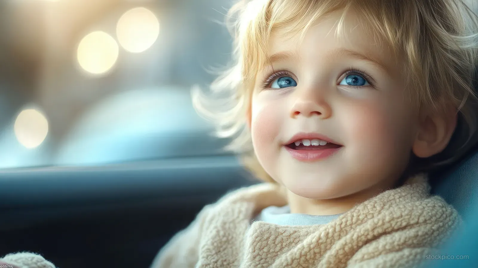 A blond toddler boy smiles while sitting in a clinic chair with soft blurred lights in the background.