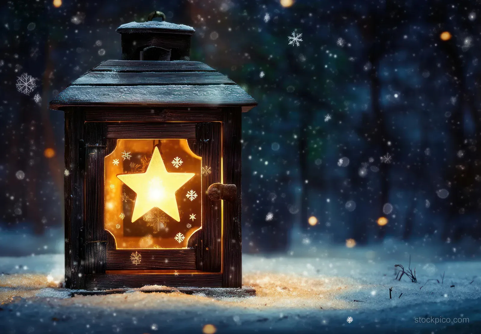 A glowing Christmas lantern with visible snowflakes and a warm star light in a snowy winter forest at night.