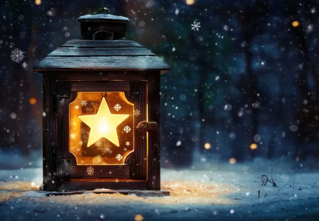 Glowing Christmas lantern with snowflakes and fir branches in a winter forest night
