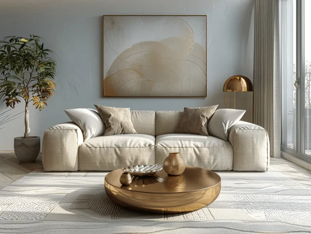 Beige corner sofa and golden round coffee table in a light gray living room with abstract wall art and window light.