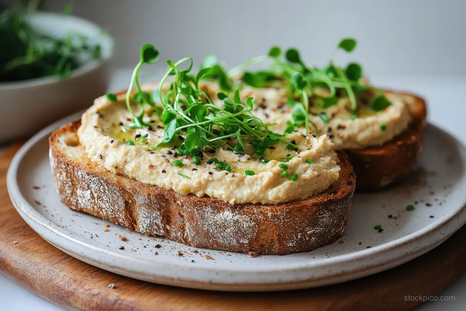 Toasted rustic bread slices topped with creamy hummus and microgreens on a ceramic plate over a wooden board.