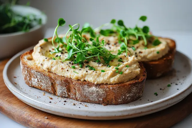 Toasted rustic bread slices topped with creamy hummus and microgreens on a ceramic plate over a wooden board.