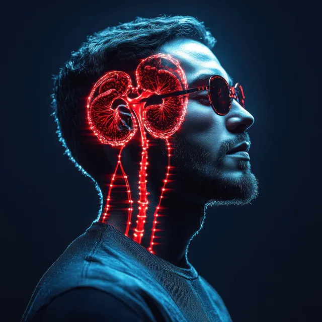 A man in profile wearing dark glasses with glowing red kidneys and urinary system overlay on his head and neck.