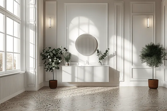 Minimalist bathroom with floating white vanity, large round mirror, and potted plants by bright windows.