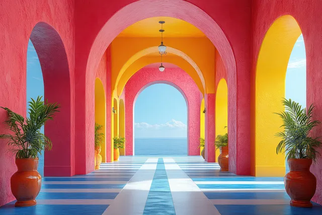 Minimalist archway interior corridor with pink walls and striped blue floor leading to blue sky