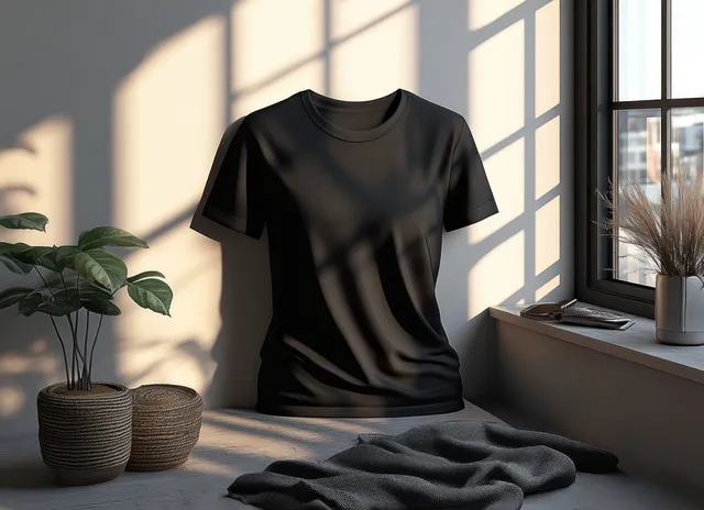 Black round-neck short-sleeve t-shirt shown on draped fabric near sunny window light