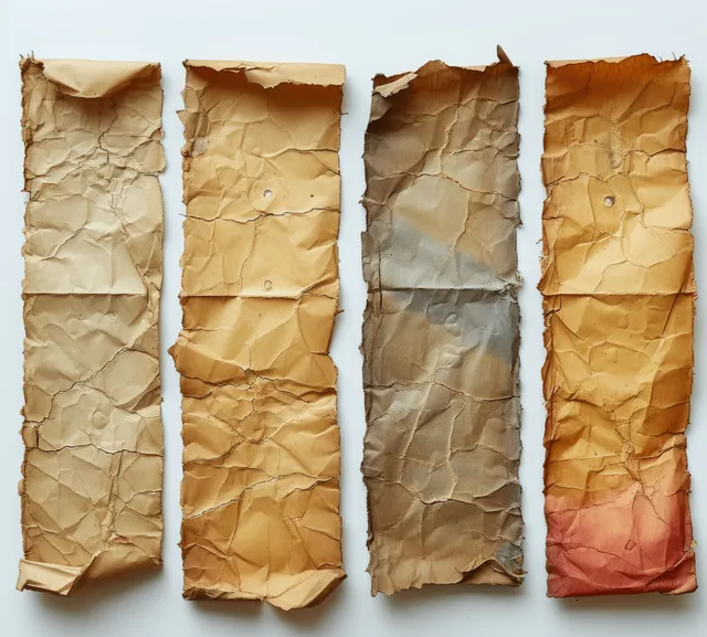 Crumpled vintage paper notes are held by adhesive tape on a white collage background with torn edges.