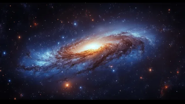 A blue and purple spiral galaxy with glowing dust lanes surrounded by scattered stars in deep space.