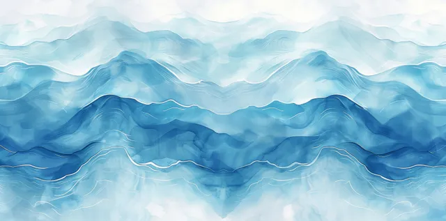 Abstract Blue Ocean Waves Watercolor Banner with Layered Misty Ridges