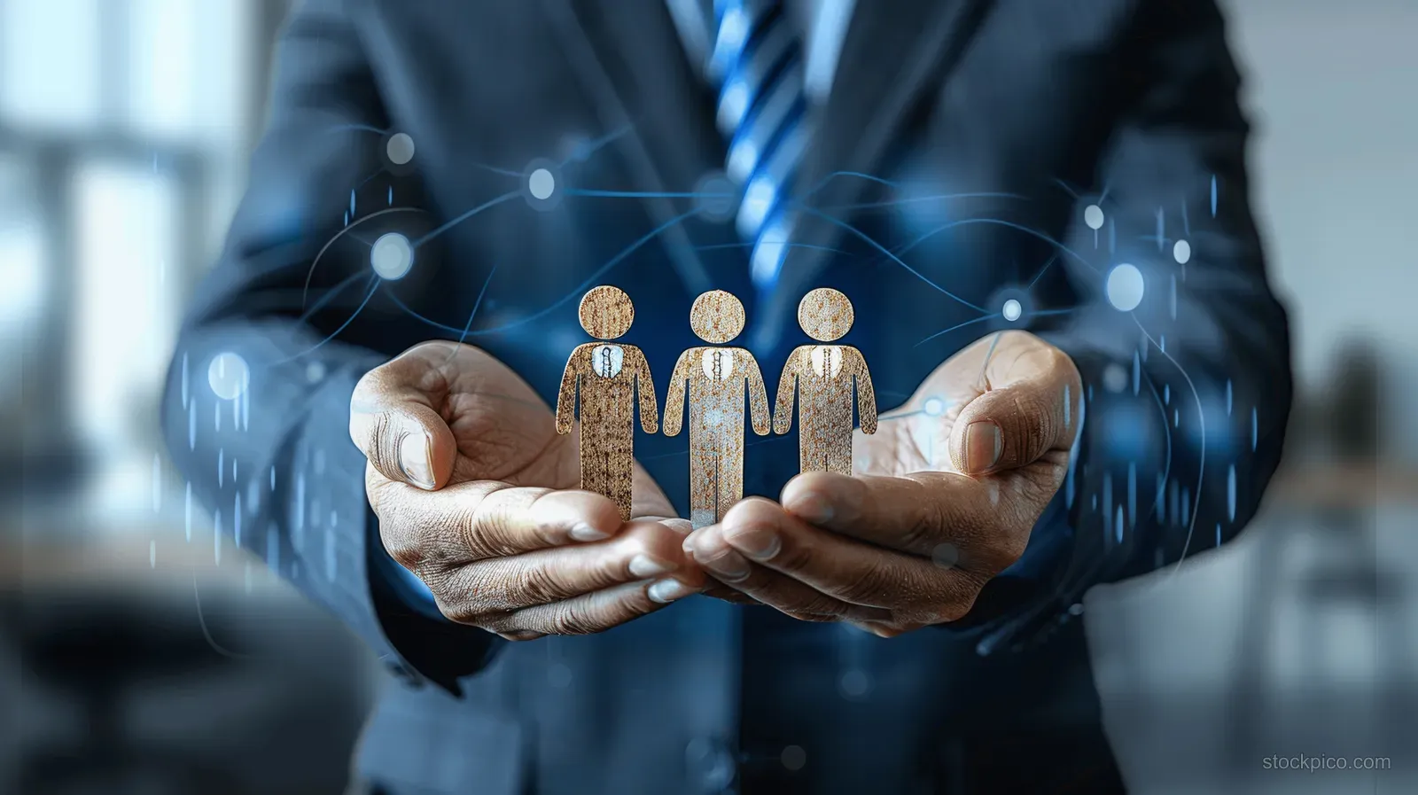 A suited CEO figure cradles small employee icons in both hands, symbolizing authority and intimidation.