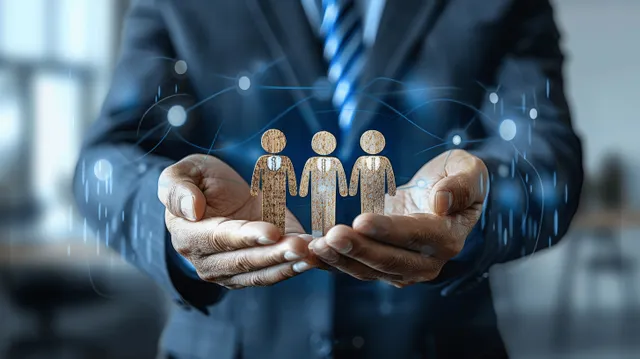 Business leader’s hands shielding employees while enforcing power and control