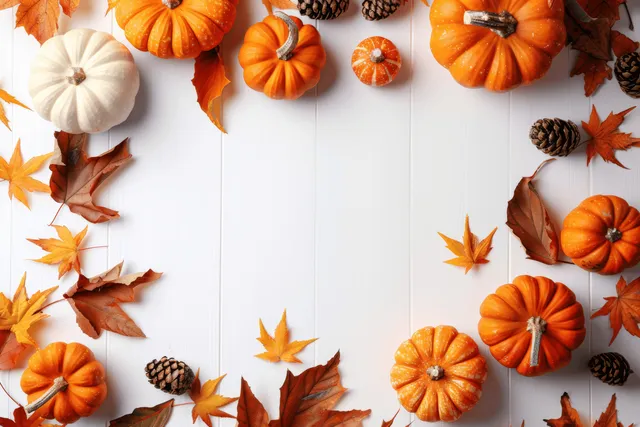 Orange pumpkins, pinecones, and maple leaves arranged on a white surface in a top-down fall frame.