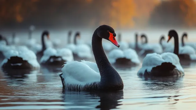 Black-necked swan swimming in misty lake water with orange beak and blurred swans in the background.