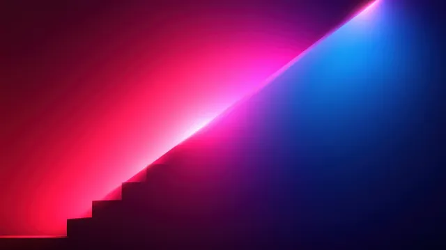 Diagonal staircase outlined with pink and blue neon light beams against a dark geometric interior background.