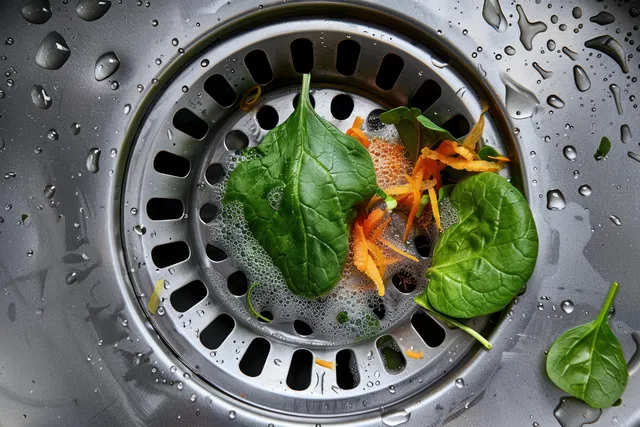 Wet stainless sink drain clogged with spinach leaves and carrot shreds surrounded by soap bubbles and water droplets.