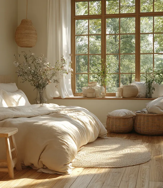 Sunlit minimalist bedroom showing white bedding, woven baskets, and sheer curtains by tall window panes.