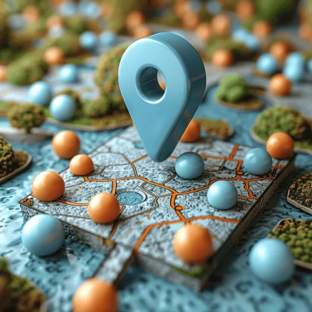 Colorful GPS location pin on detailed world map with tiny sphere markers