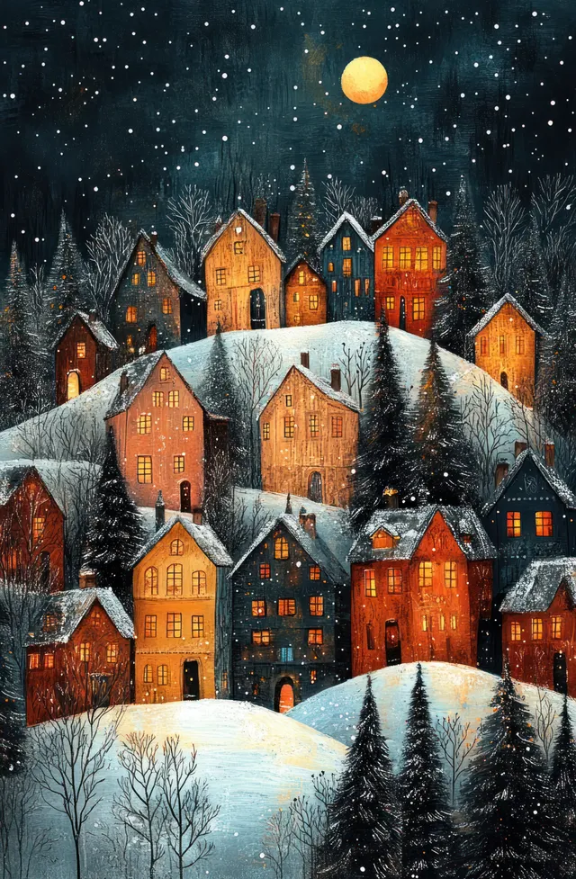 Snowy Christmas village at night with warmly lit houses, steep roofs, and a glowing moon above.