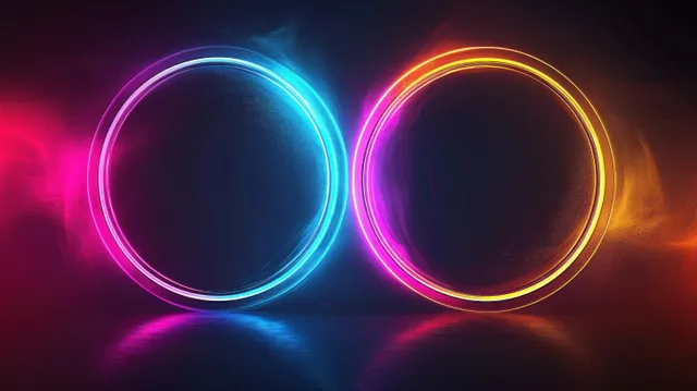 Two glowing neon rings, blue and orange, reflect on a dark textured surface with magenta vapor around them.