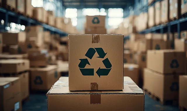 Recycling-marked cardboard boxes stacked in a warehouse aisle with packed shipment cartons