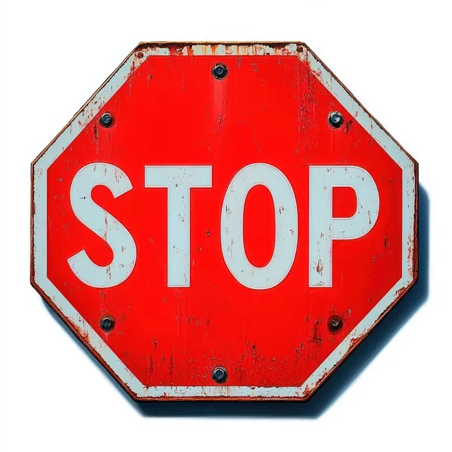 Weathered red octagonal STOP sign with rusted bolts and faded white letters against a plain background.