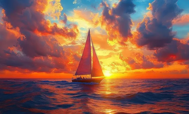 Sailboat gliding across ocean waves at vibrant orange-blue sunset under dramatic clouds