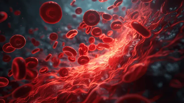 Red blood cells flow inside a dark human vein with glowing plasma and detailed vascular surfaces.